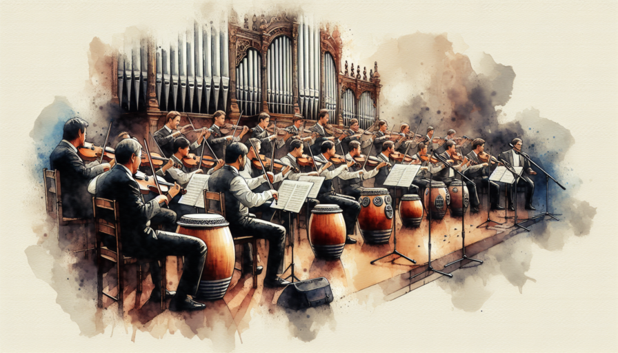 orquesta musicos instrumentos dibujos castañuelas